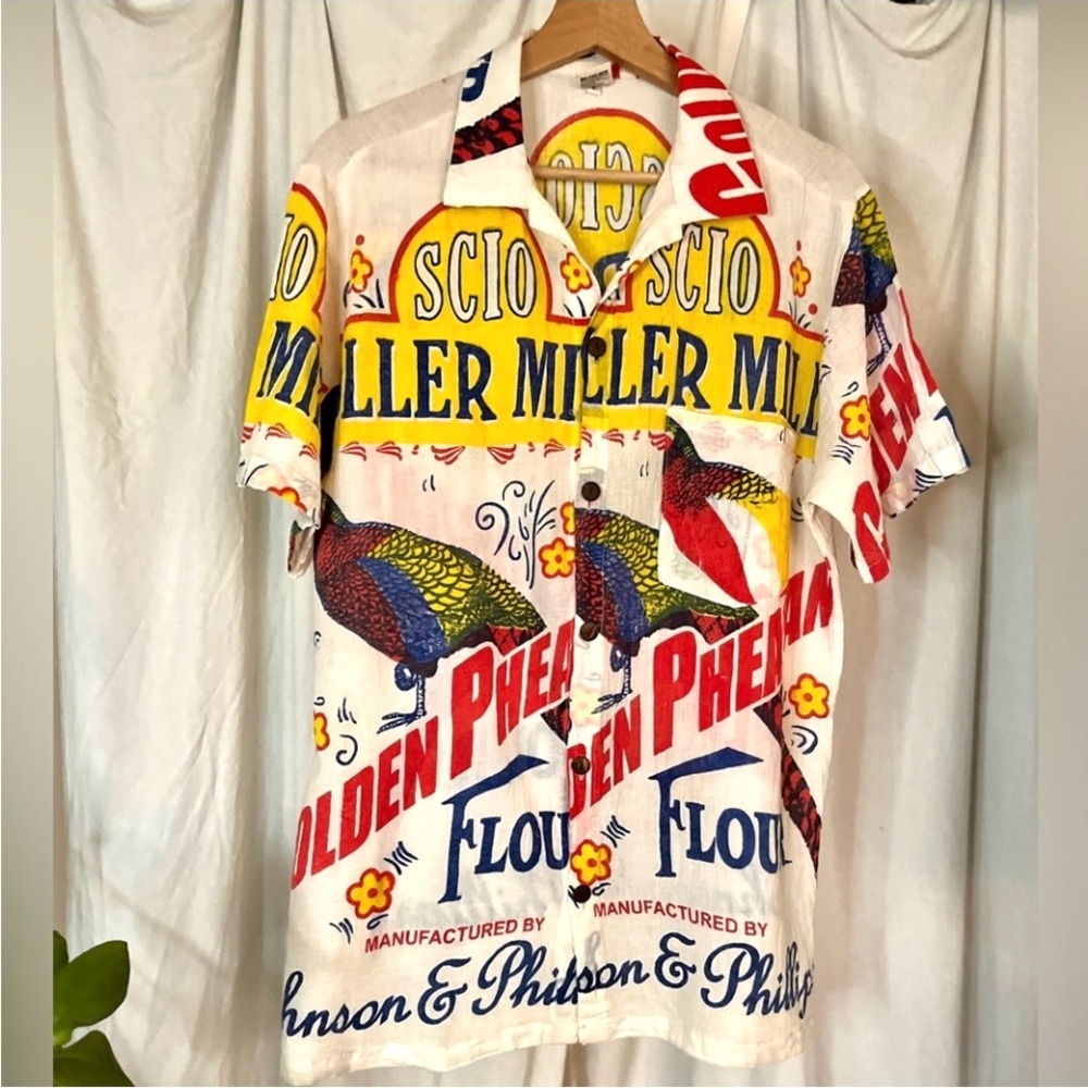 Golden Pheasant Flour Sack Shirt Short Sleeve Button-Up Colorful Size L
